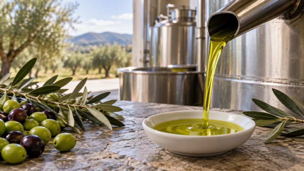 Aceite de oliva virgen extra recién extraído junto a aceitunas y depósito de almazara
