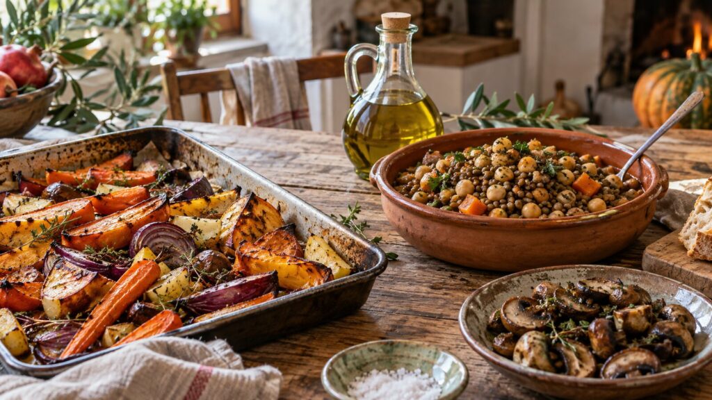 Platos de otoño con verduras asadas, legumbres, setas y aceite de oliva virgen extra
