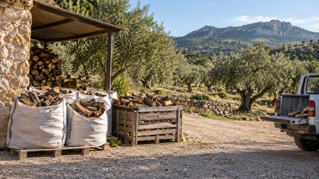 Recogida en finca con leña de olivo preparada junto a olivos en Castellón