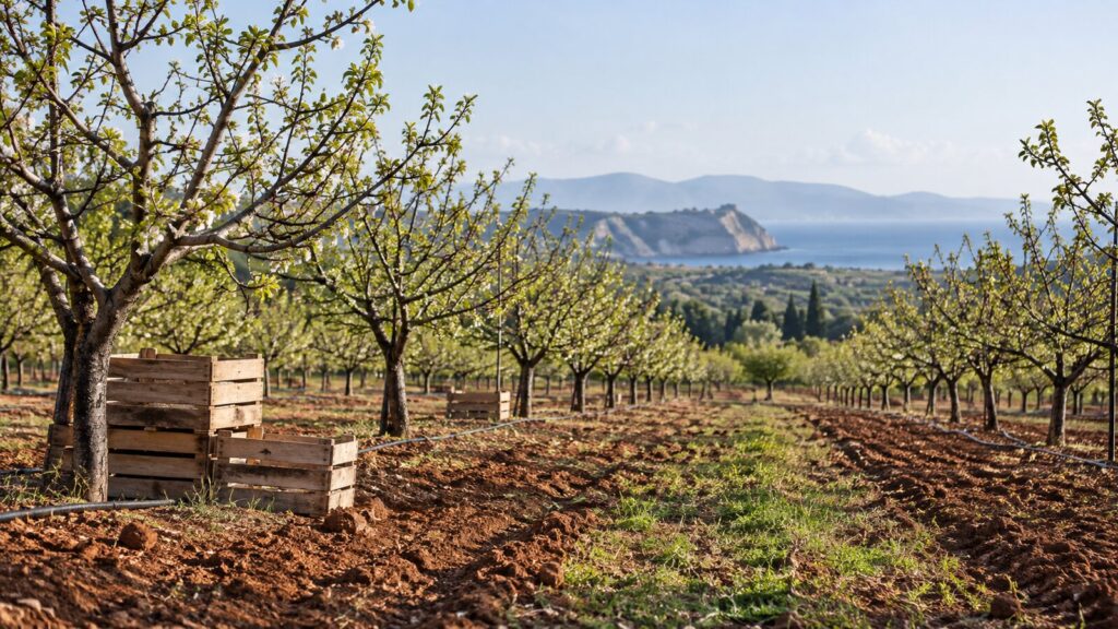 Campo de cerezos preparado antes de la campaña con cajas de madera en una finca mediterránea